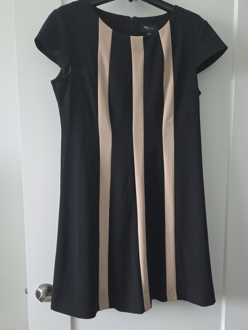 Rainbow Black Midi Dress with Beige Vertical Panels